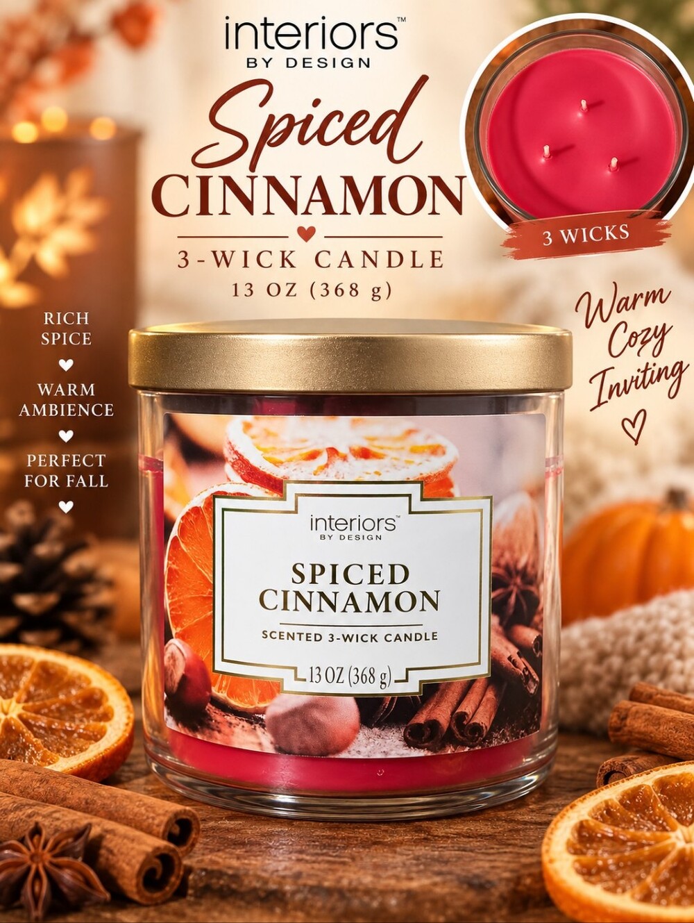 Interiors by Design Spiced Cinnamon 3-wick Candle
